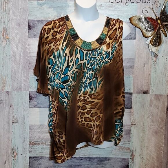 Fashion Bug Sz 3X Animal Print Beaded Neckline One Sleeve Popover Blouse 624   - Picture 1 of 11